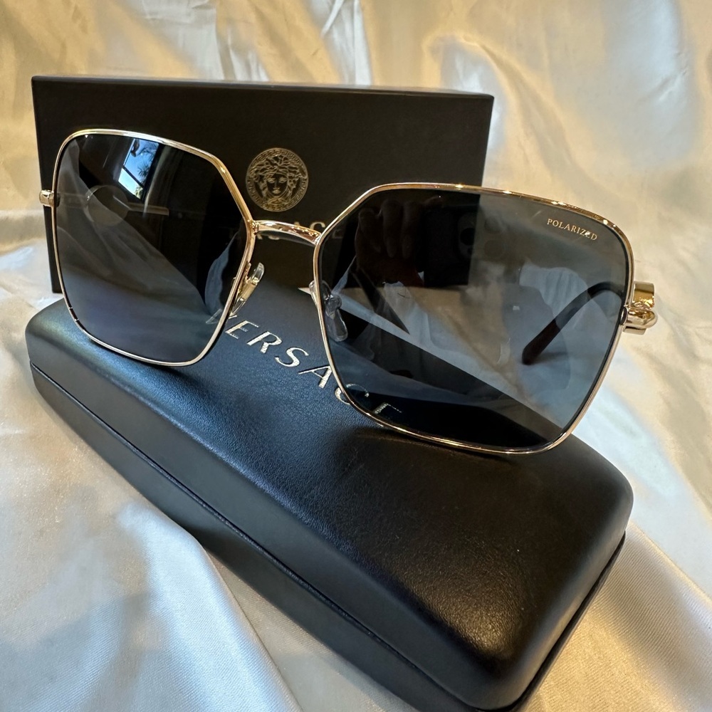 Versace Gold Frame Black Gradient Women's Sunglasses with Hexagonal Lenses